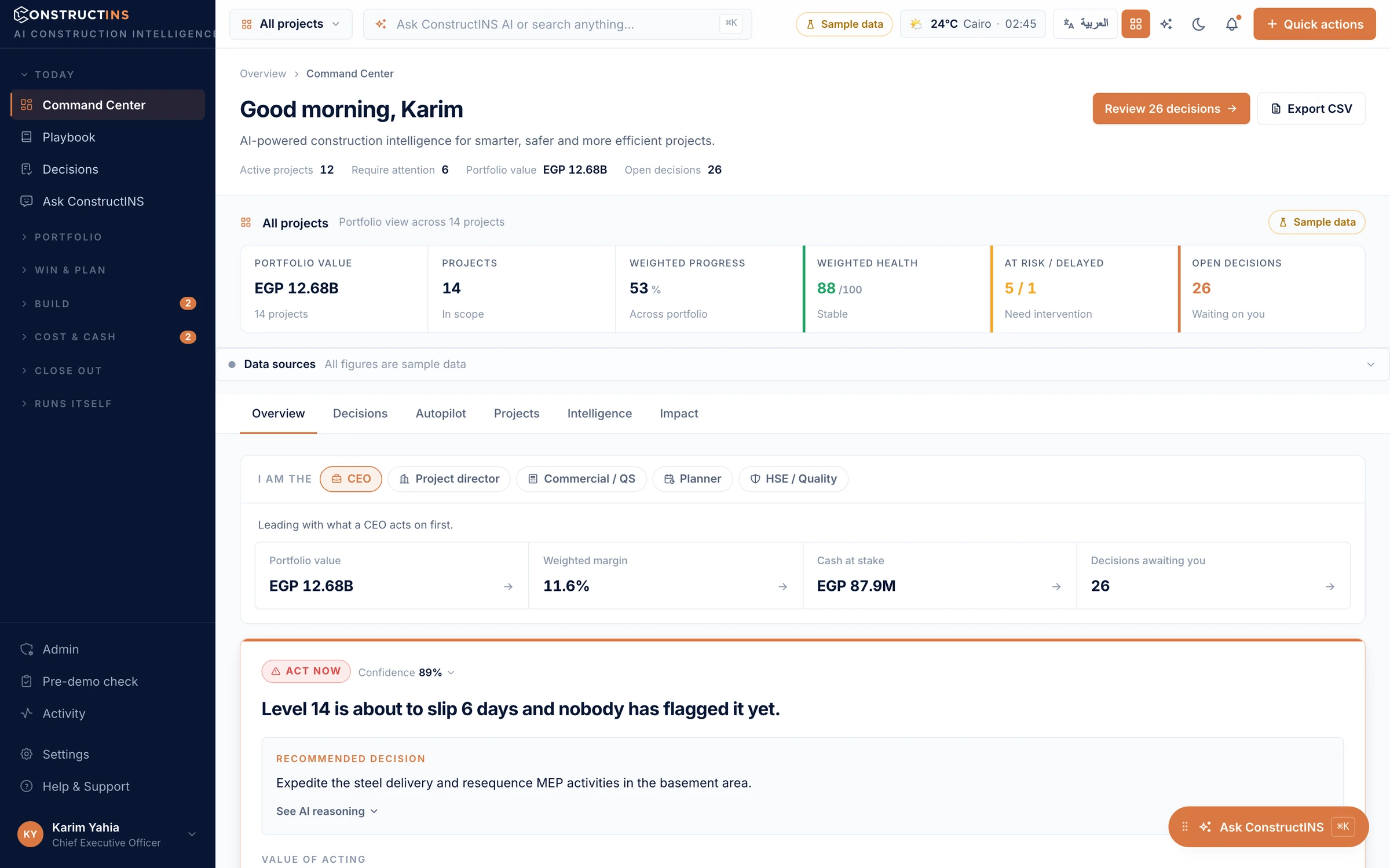 AI construction management across cost, schedule and site — product screenshot with sample data.