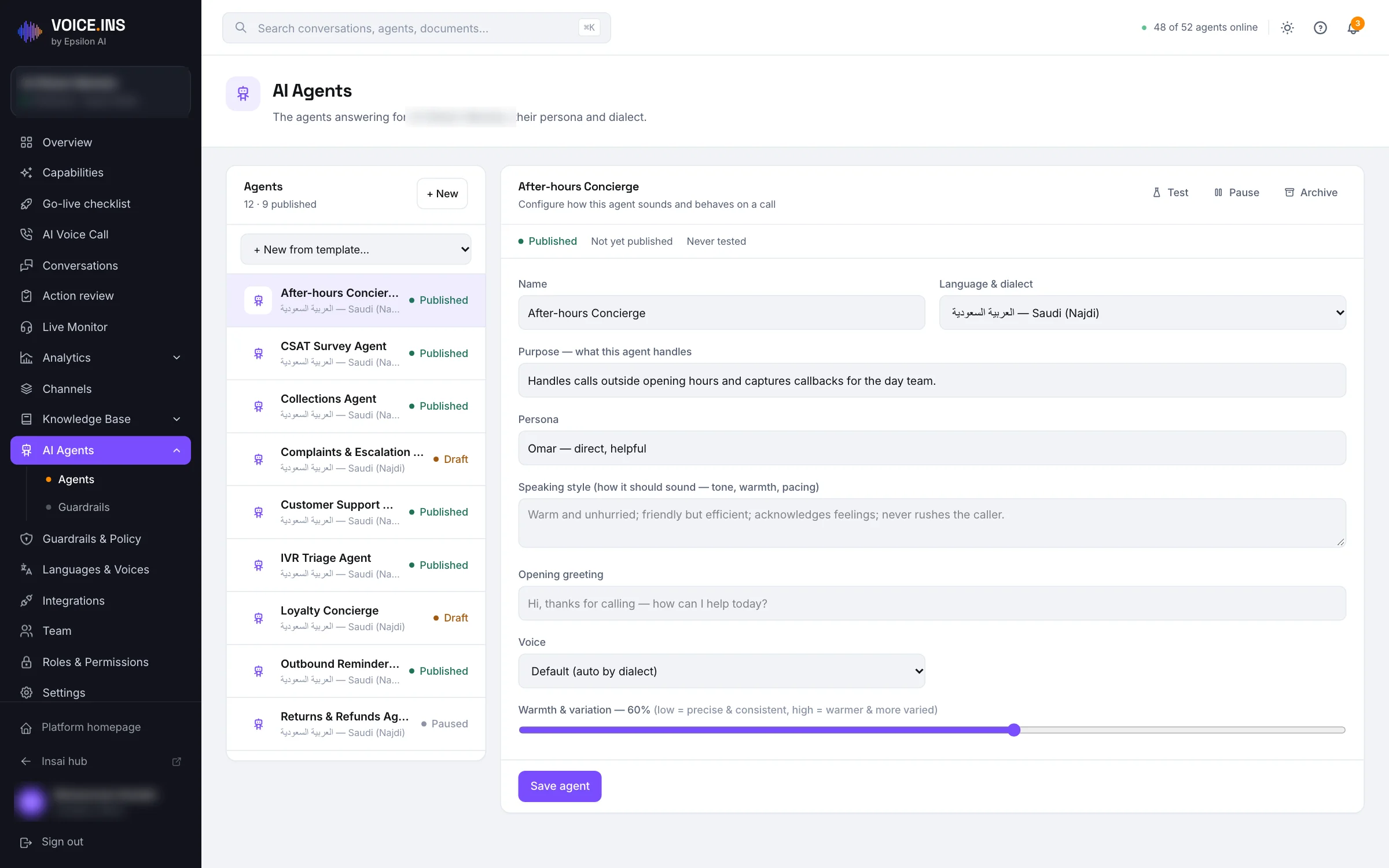 VoiceINS AI Agents: twelve agents with their status, and the editor for one agent's purpose, persona, dialect, greeting and voice.