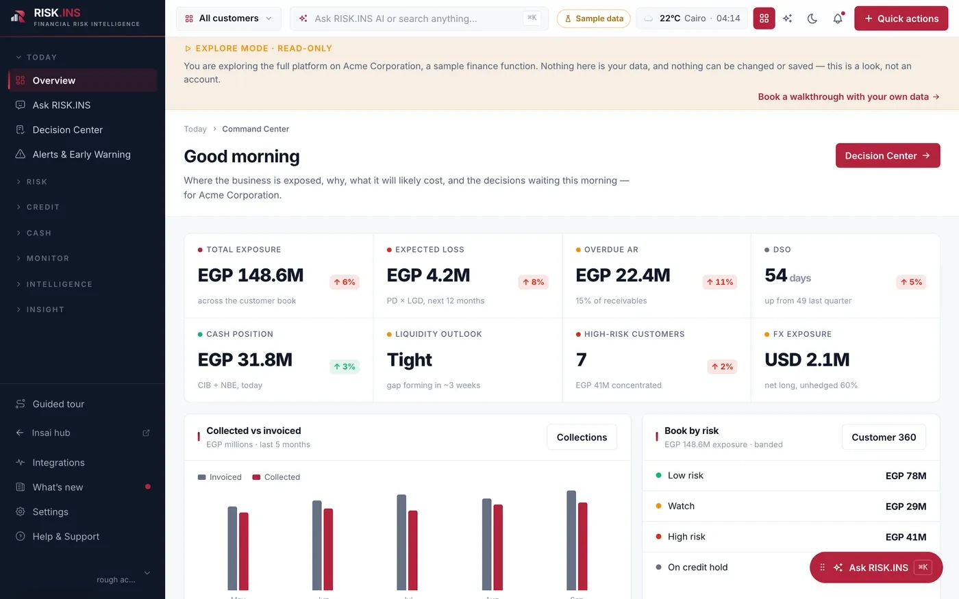 RiskINS overview showing customer exposure, expected loss, overdue receivables and high-risk customers — sample data.